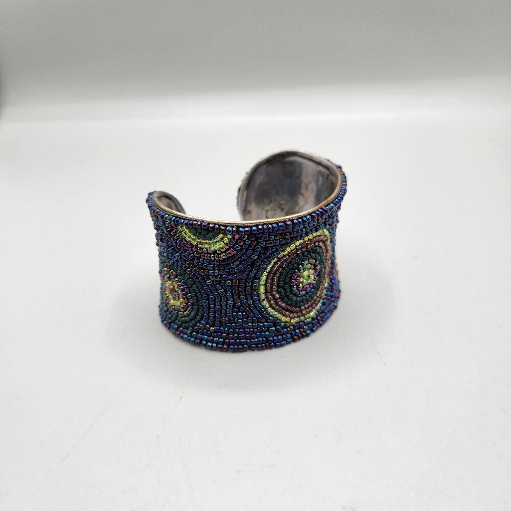 Seed Bead Peacock Toned Hammered Metal Bracelet Bangle Cuff 2" Adjusts to Fit